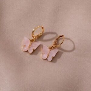 Simple and Elegant Gold and Pink Butterfly Dangle Huggie Earrings